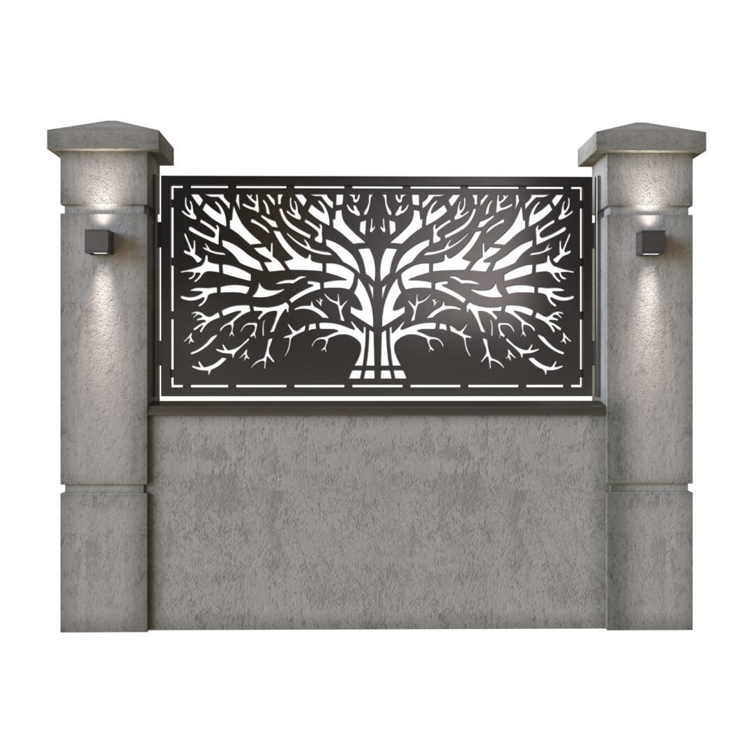 Panou de gard mic din tabla decupata (traforata) CNC cu plasma, model Arbore, SM ARB02, 1940 x 990 mm, Negru