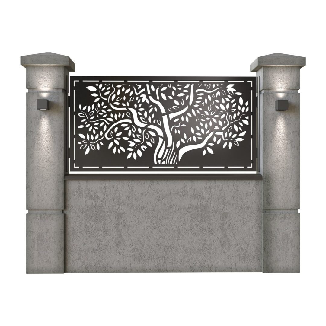 Panou de gard mic din tabla decupata (traforata) CNC cu plasma, model Copac, SM COP02, 1940 x 990 mm, Negru
