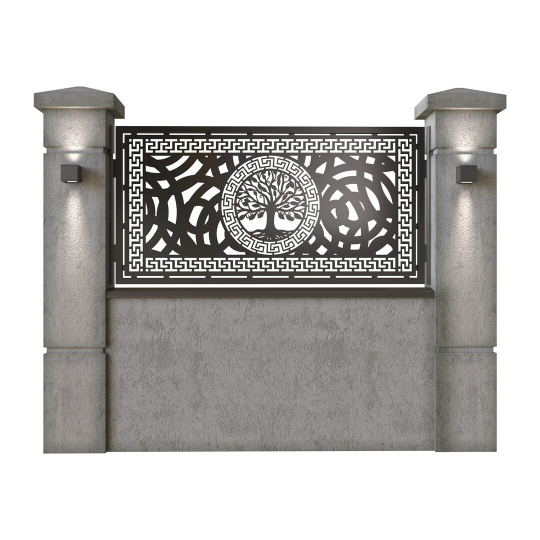 Panou de gard mic din tabla decupata (traforata) CNC cu plasma, model Copacul Vietii, SM CPC02, 1940 x 990  mm, Negru