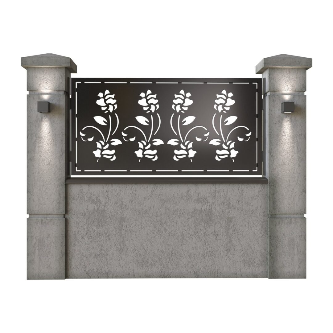 Panou de gard mic din tabla decupata (traforata) CNC cu plasma, model Flora, SM FLR02, 1940 x 990 mm, Negru