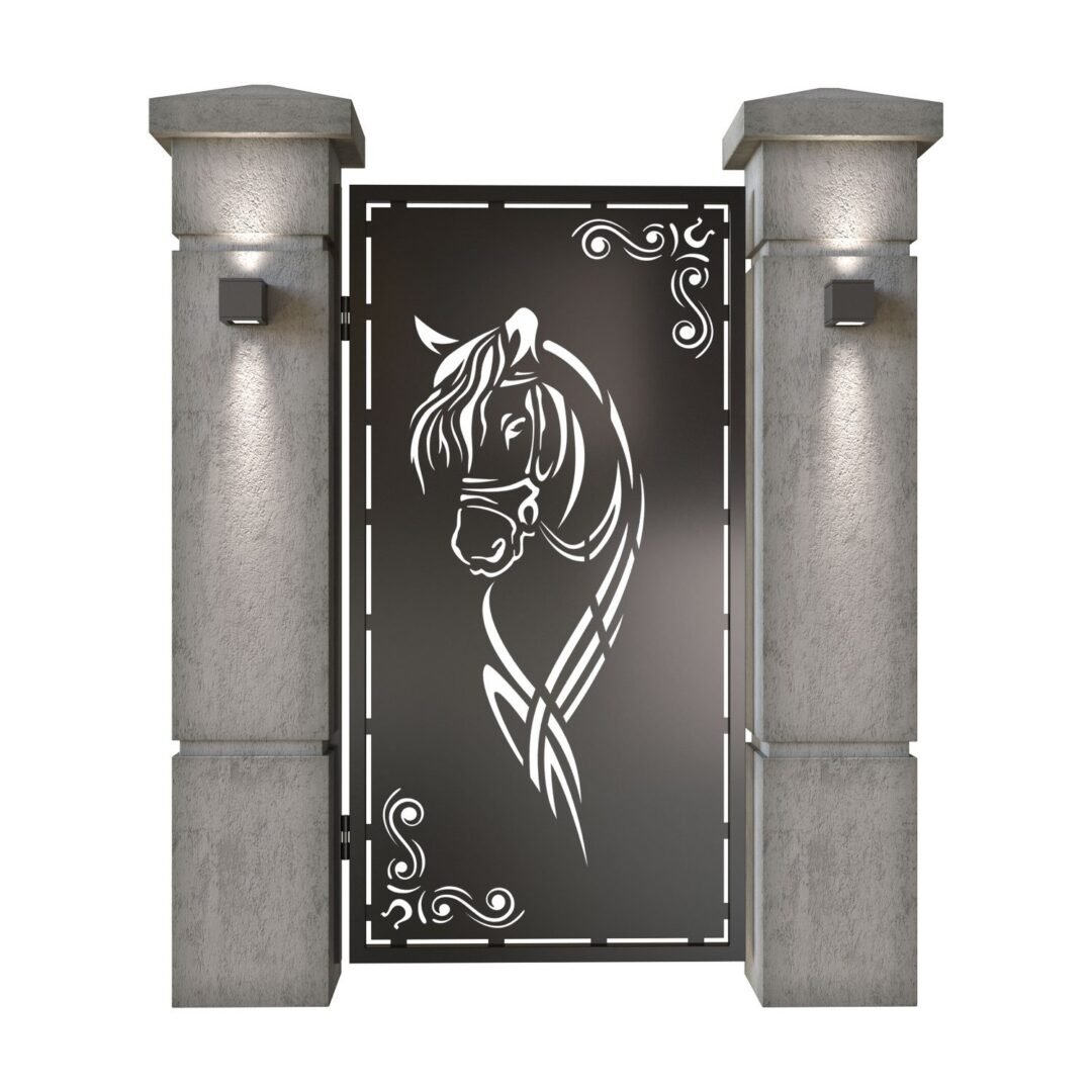 Poarta pietonala din tabla decupata (traforata CNC) cu plasma, model Cal (Cai), SM CAL01, 990 x 1940 mm, Negru