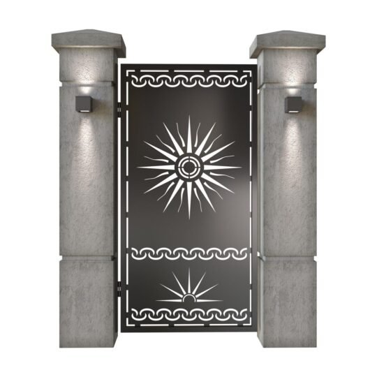 Poarta pietonala din tabla decupata (traforata CNC) cu plasma, model Soare, SM SOA01, 990 x 1940 mm, Negru