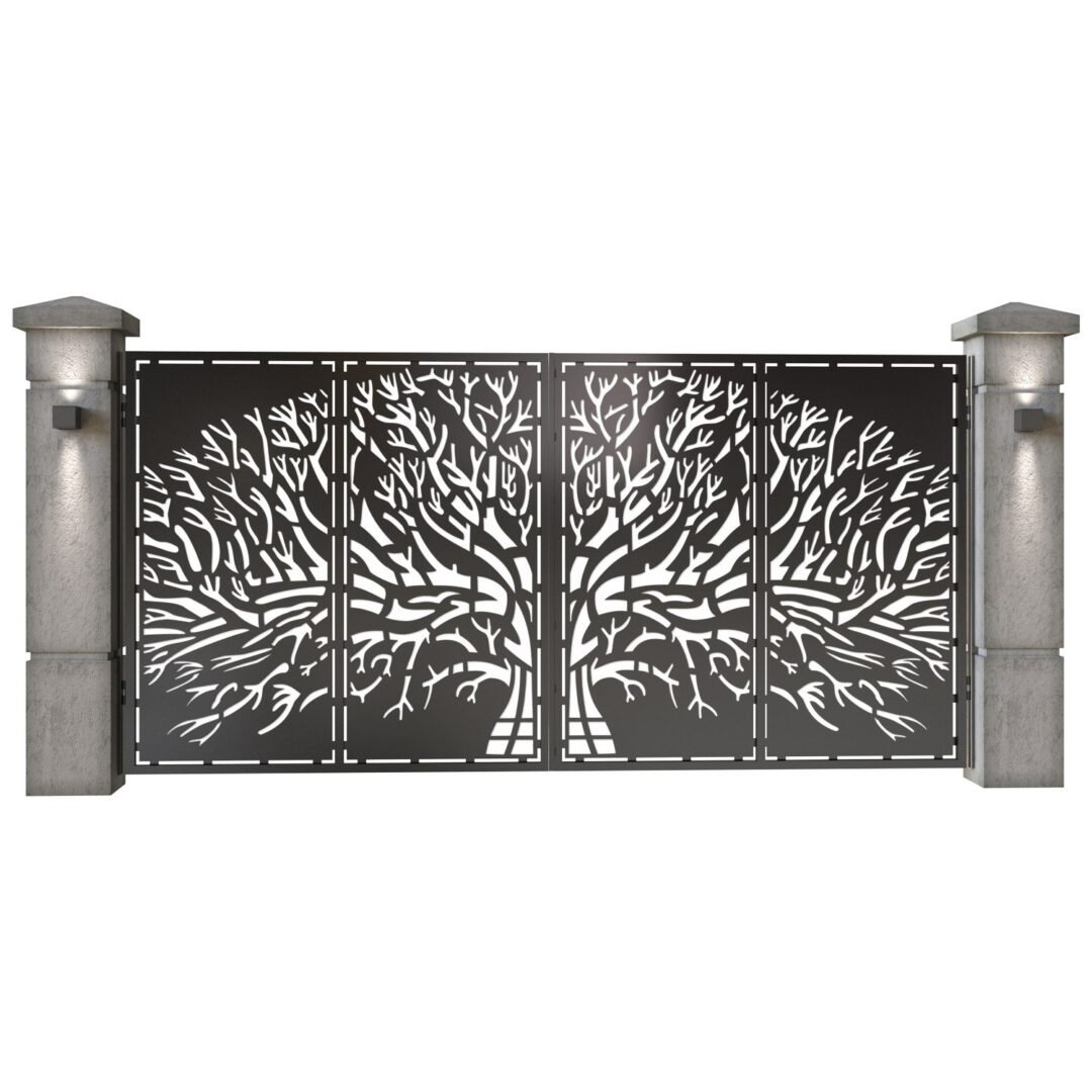 Poarta auto mare batanta din tabla decupata (traforata CNC) cu plasma, model Arbore, SM ARB05, 3884 x 1940 mm, Negru