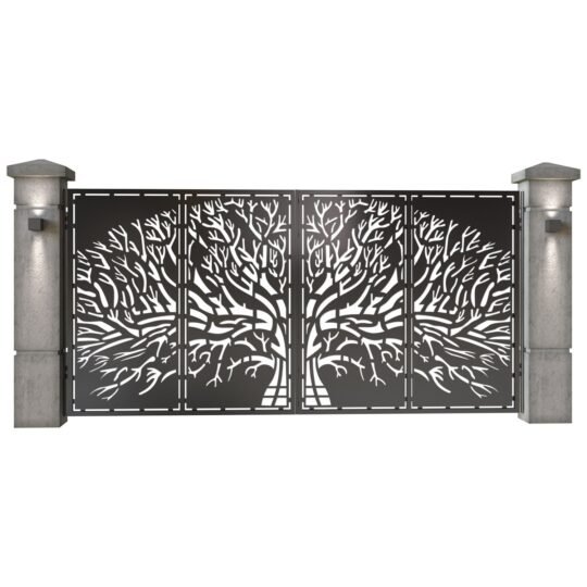 Poarta auto mare batanta din tabla decupata (traforata CNC) cu plasma, model Arbore, SM ARB05, 3884 x 1940 mm, Negru