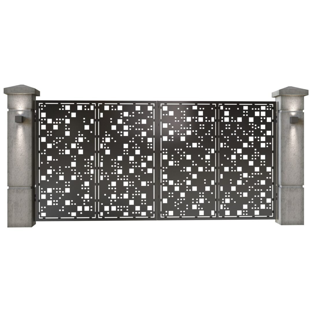 Poarta auto mare batanta din tabla decupata (traforata CNC) cu plasma, model Camuflaj, SM CMF05, 3884 x 1940 mm, Negru