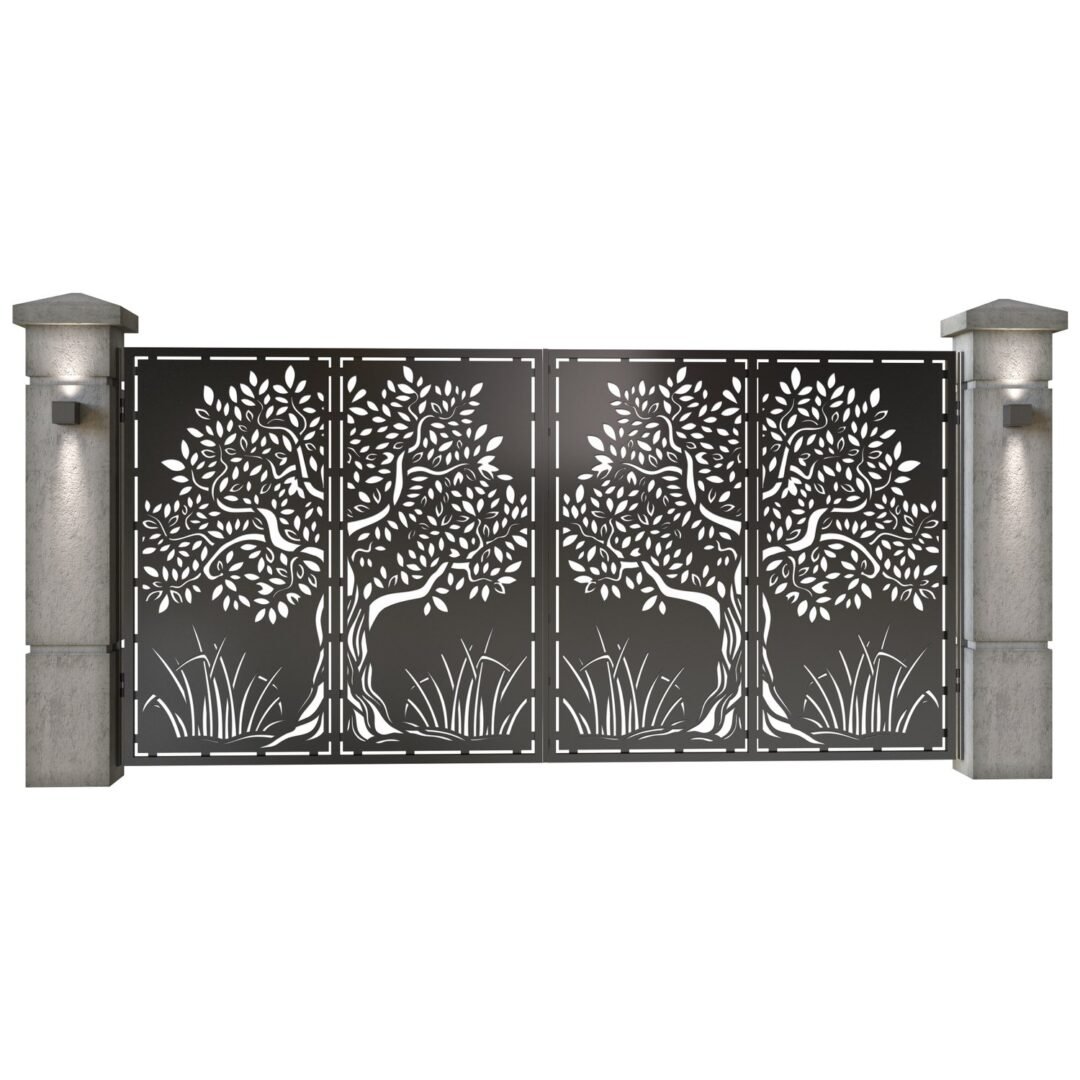 Poarta auto mare batanta din tabla decupata (traforata CNC) cu plasma, model Copac, SM COP05, 3884 x 1940 mm, Negru