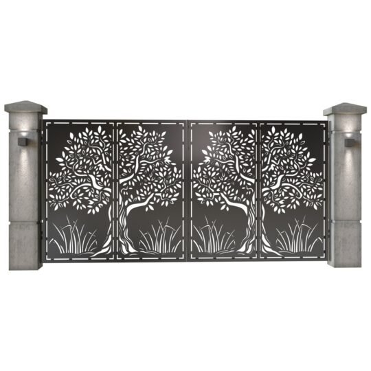Poarta auto mare batanta din tabla decupata (traforata CNC) cu plasma, model Copac, SM COP05, 3884 x 1940 mm, Negru