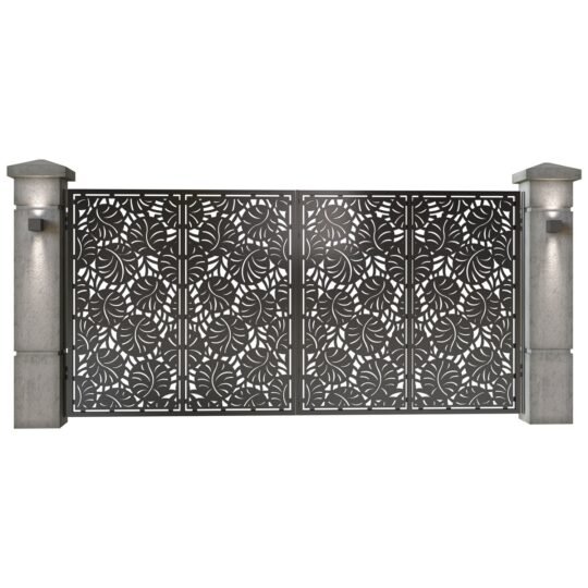 Poarta auto mare batanta din tabla decupata (traforata CNC) cu plasma, model Cosmos, SM CSM05, 3884 x 1940 mm, Negru