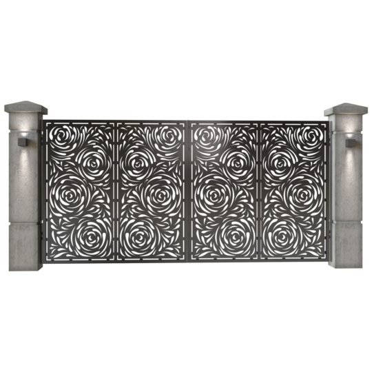 Poarta auto mare batanta din tabla decupata (traforata CNC) cu plasma, model Damasc, SM DMS05, 3884 x 1940 mm, Negru