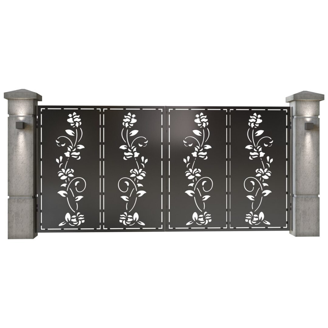 Poarta auto mare batanta din tabla decupata (traforata CNC) cu plasma, model Flora, SM FLR05, 3884 x 1940 mm, Negru