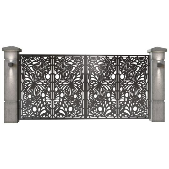 Poarta auto mare batanta din tabla decupata (traforata CNC) cu plasma, model Fluturi, SM FLT05, 3884 x 1940 mm, Negru