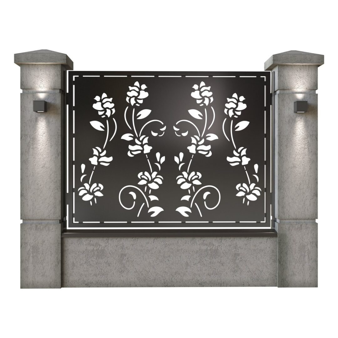 Panou de gard mare din tabla decupata (traforata) CNC cu plasma, model Flora, SM FLR03, 1940 x 1500 mm, Negru