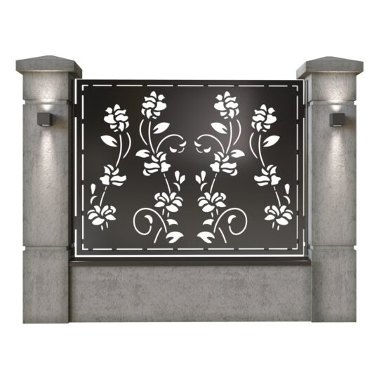 Panou de gard mare din tabla decupata (traforata) CNC cu plasma, model Flora, SM FLR03, 1940 x 1500 mm, Negru