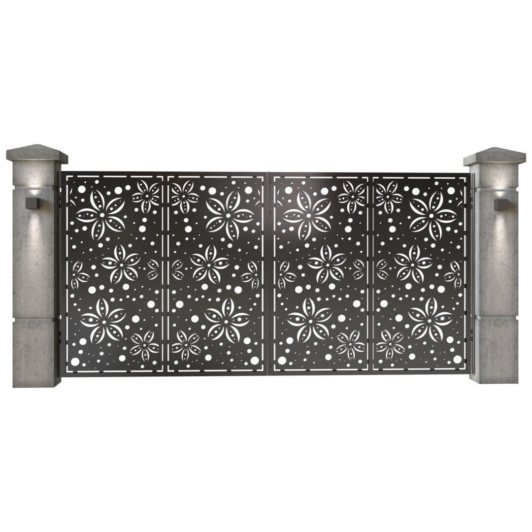 Poarta auto mare batanta din tabla decupata (traforata CNC) cu plasma, model Spring, SM SPR05, 3884 x 1940 mm, Negru