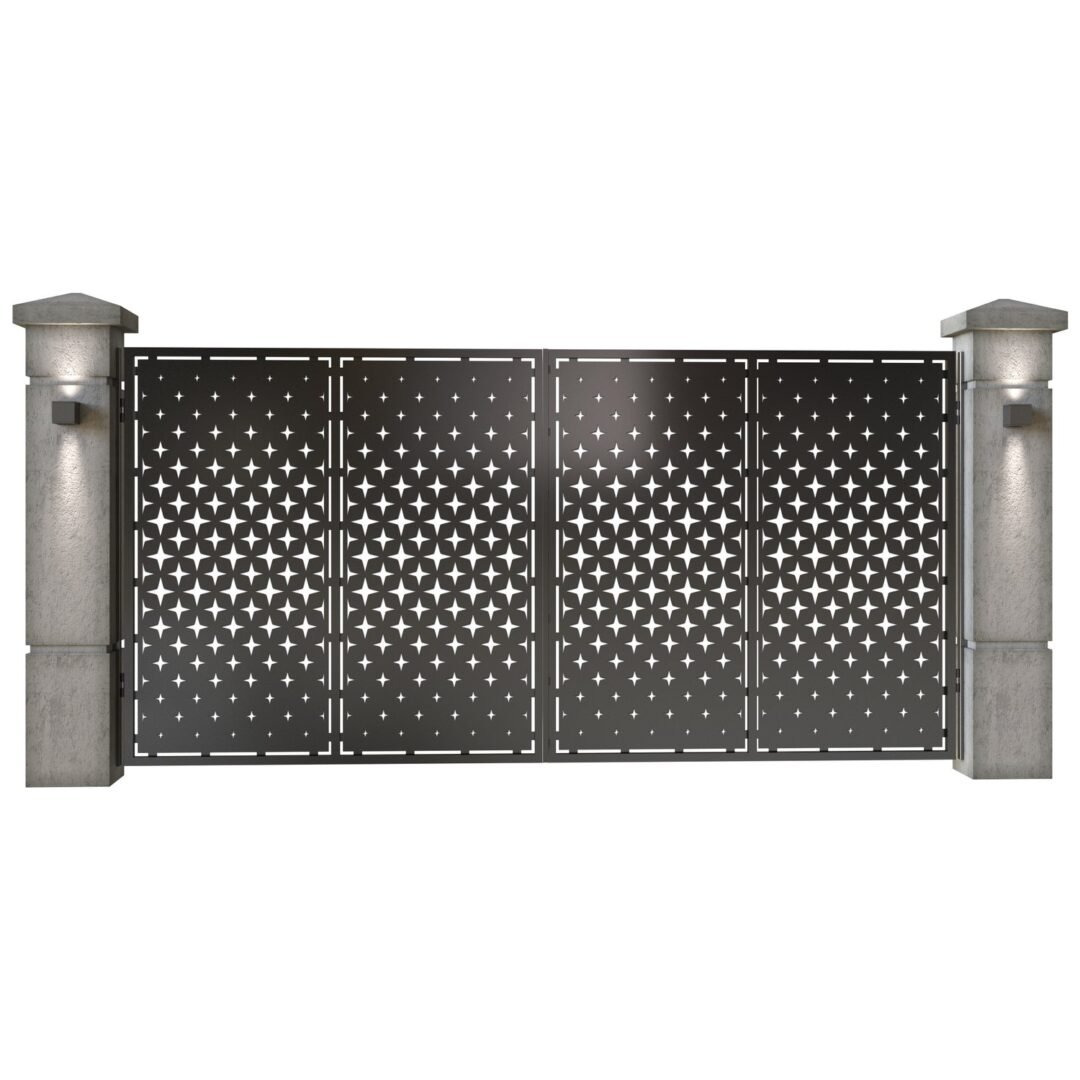 Poarta auto mare batanta din tabla decupata (traforata CNC) cu plasma, model Stars, SM STR05, 3884 x 1940 mm, Negru