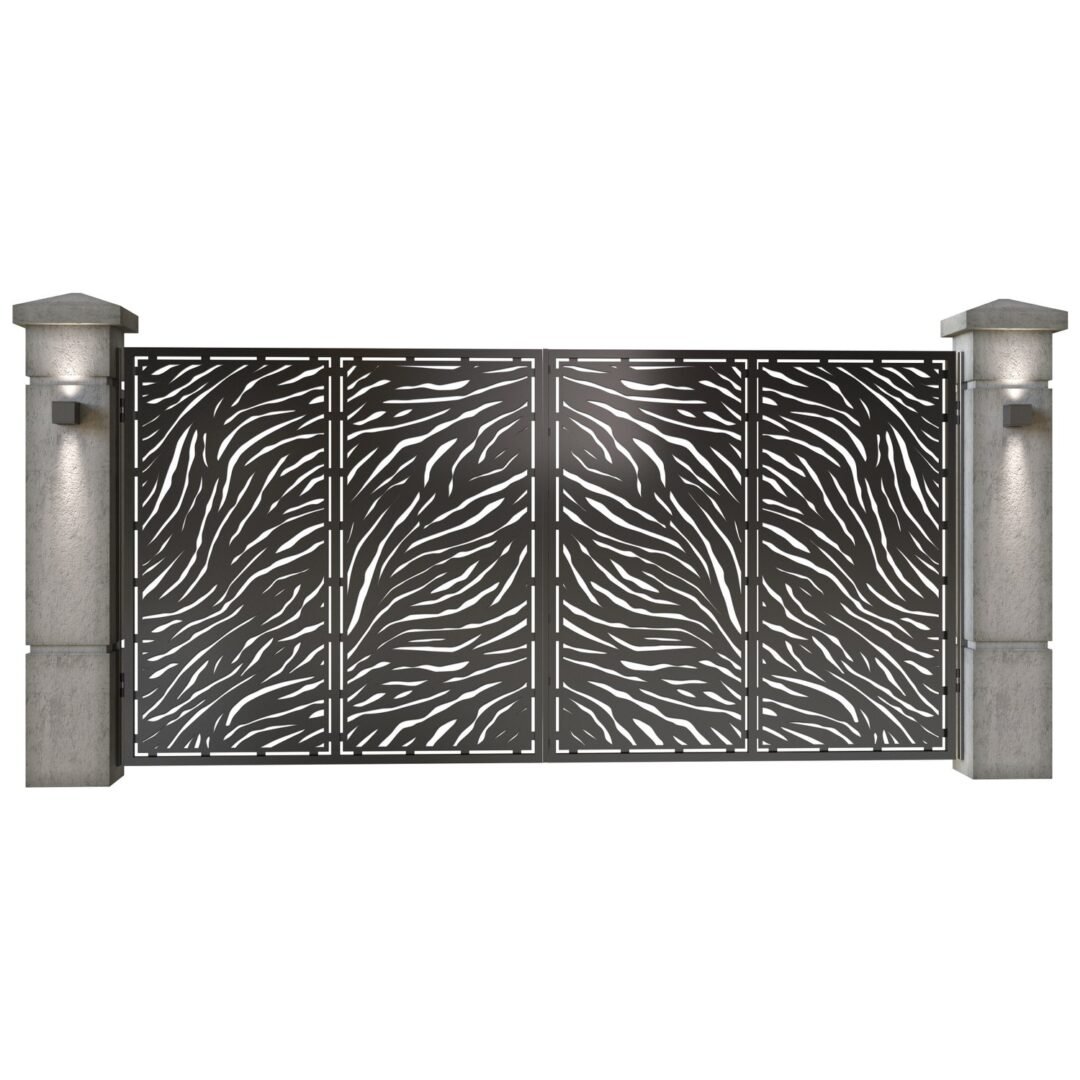 Poarta auto mare batanta din tabla decupata (traforata CNC) cu plasma, model Tigre, SM TGR05, 3884 x 1940 mm, Negru