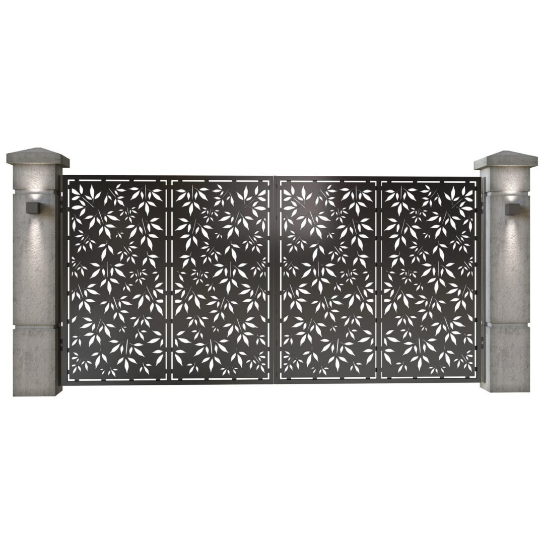 Poarta auto mare batanta din tabla decupata (traforata CNC) cu plasma, model Toamna, SM TMN05, 3884 x 1940 mm, Negru