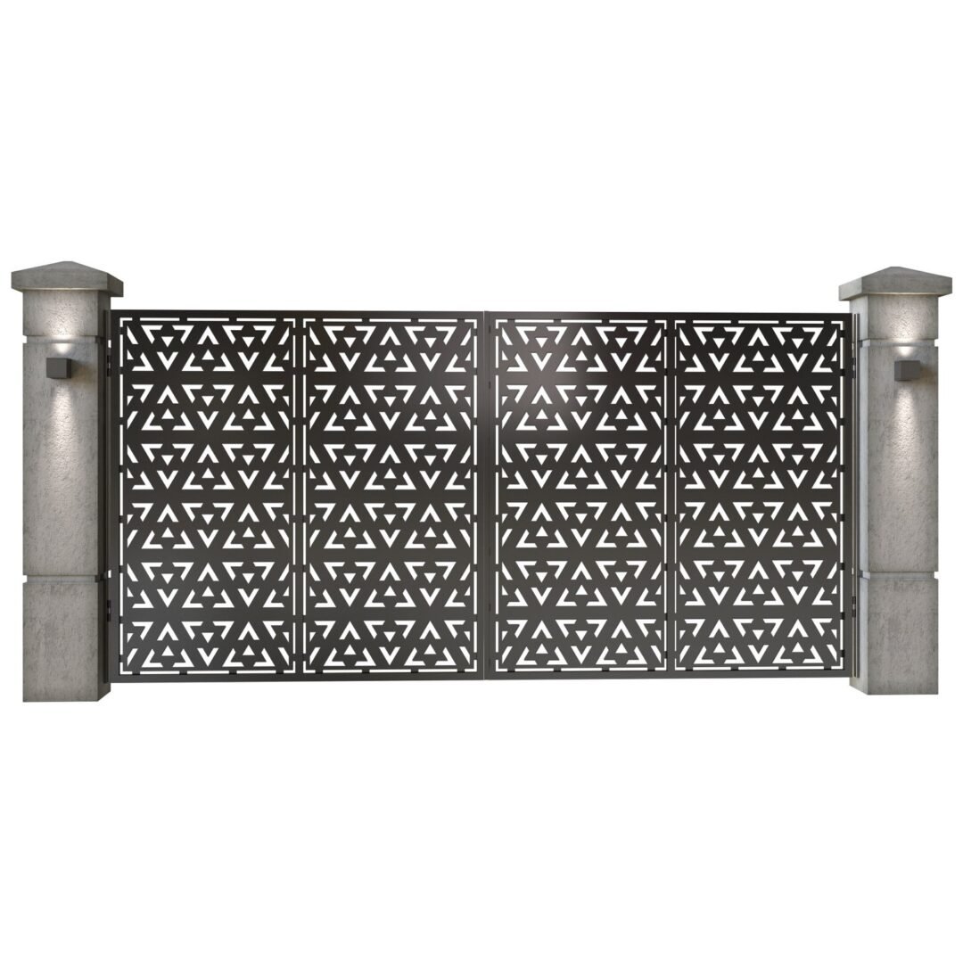 Poarta auto mare batanta din tabla decupata (traforata CNC) cu plasma, model Trio, SM TRIO05, 3884 x 1940 mm, Negru