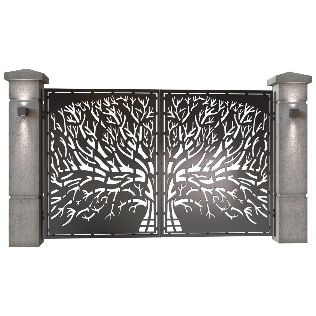 Poarta auto mica batanta din tabla decupata (traforata CNC) cu plasma, model Arbore, SM ARB04, 3000 x 1940 mm, Negru