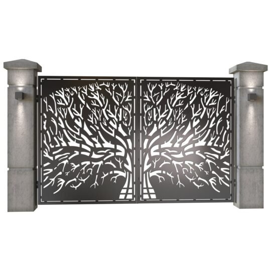 Poarta auto mica batanta din tabla decupata (traforata CNC) cu plasma, model Arbore, SM ARB04, 3000 x 1940 mm, Negru