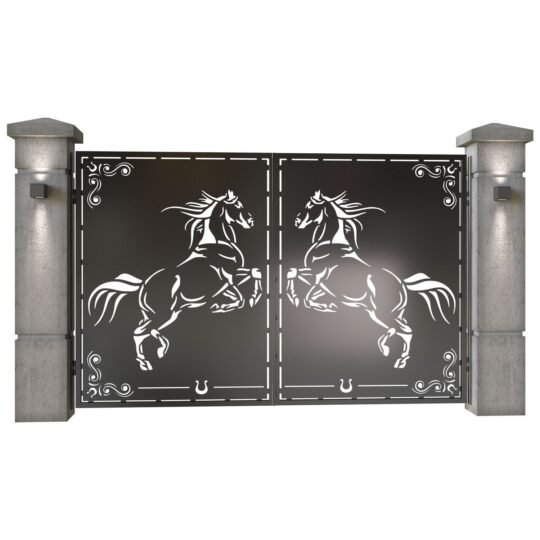Poarta auto mica batanta din tabla decupata (traforata CNC) cu plasma, model Cal (Cai), SM CAL04, 3000 x 1940 mm, Negru