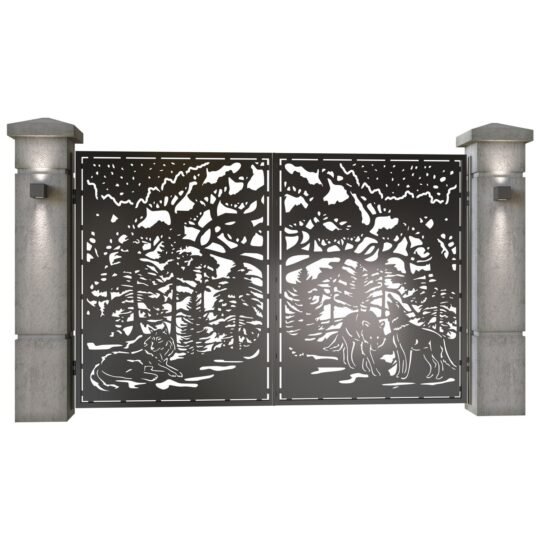 Poarta auto mica batanta din tabla decupata (traforata CNC) cu plasma, model Lupi, SM LUP04, 3000 x 1940 mm, Negru