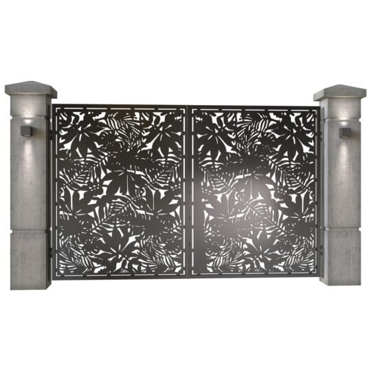 Poarta auto mica batanta din tabla decupata (traforata CNC) cu plasma, model Tropical, SM TRP04, 3000 x 1940 mm, Negru