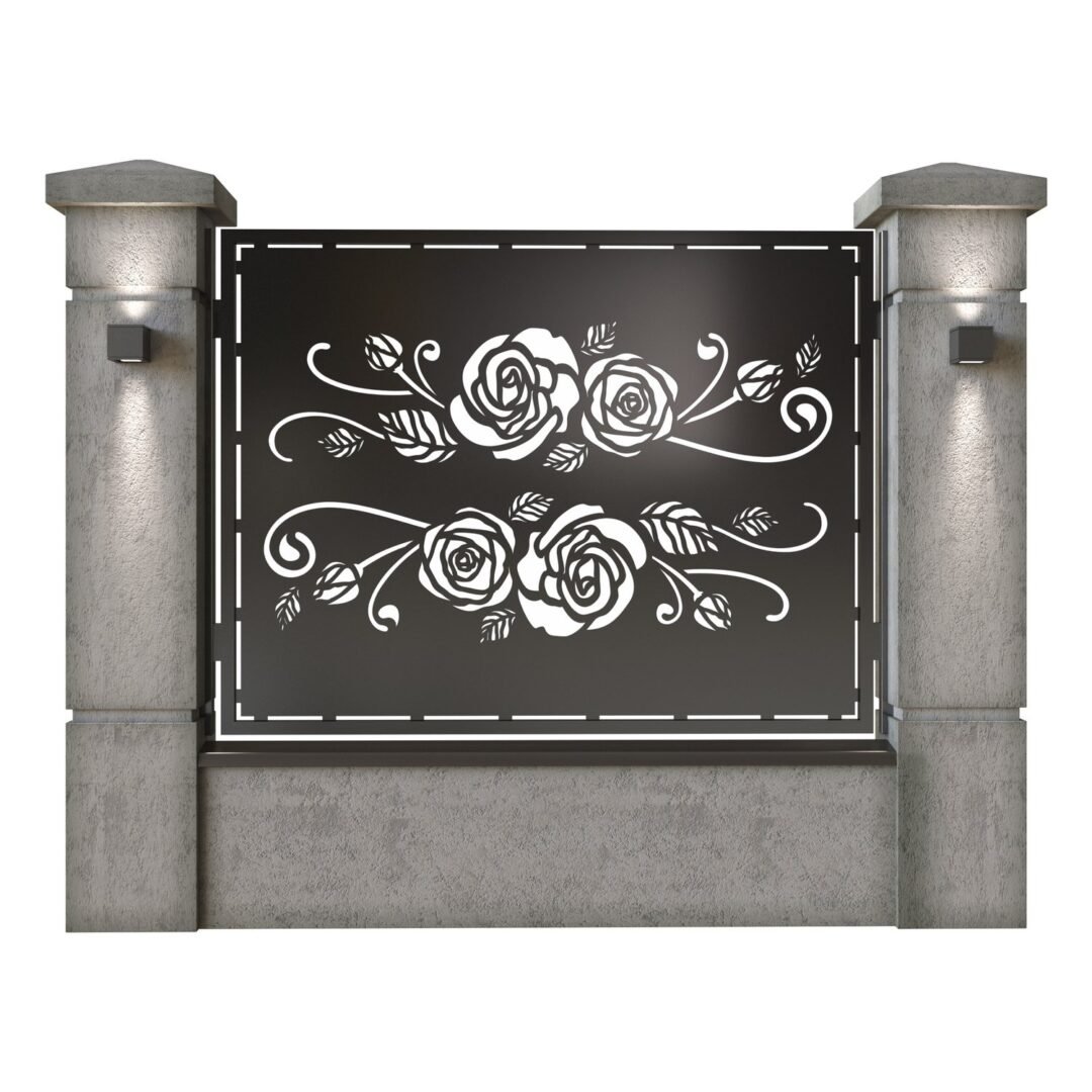 Panou de gard mare din tabla decupata (traforata) CNC cu plasma, model Rosa, SM ROS03, 1940 x 1500 mm, Negru