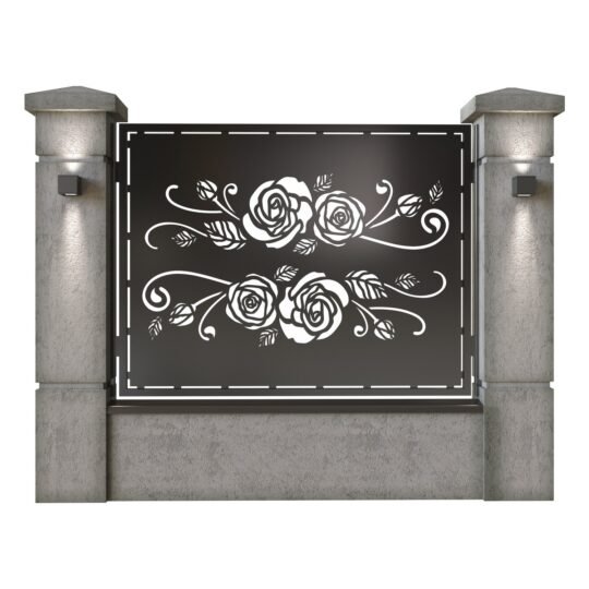 Panou de gard mare din tabla decupata (traforata) CNC cu plasma, model Rosa, SM ROS03, 1940 x 1500 mm, Negru