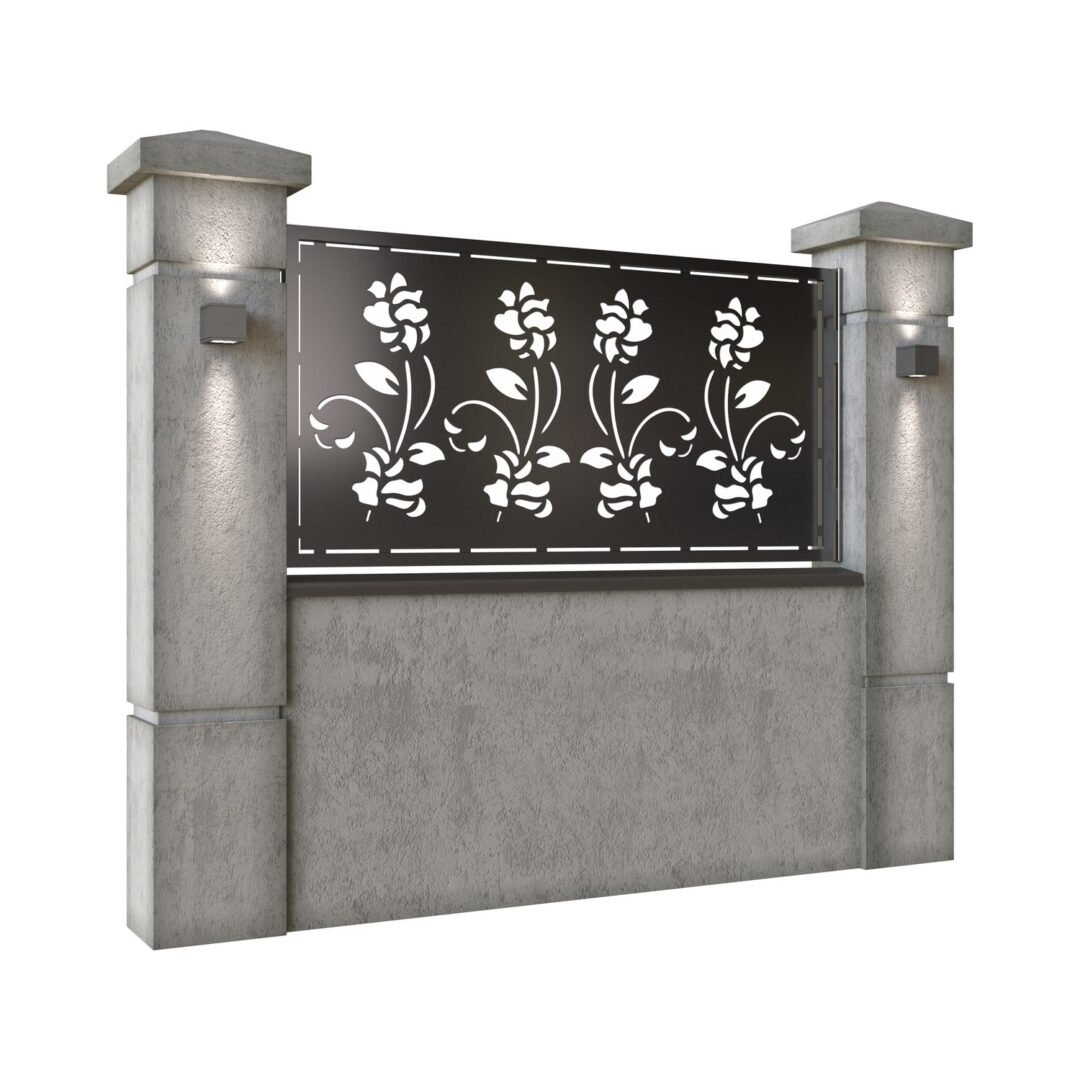 Panou de gard mic din tabla decupata (traforata) CNC cu plasma, model Flora, SM FLR02, 1940 x 990 mm, Negru - imagine 2
