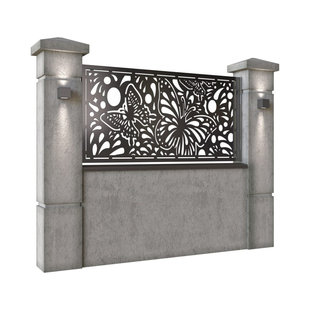 Panou de gard mic din tabla decupata (traforata) CNC cu plasma, model Fluturi, SM FLT02, 1940 x 990  mm, Negru - imagine 2