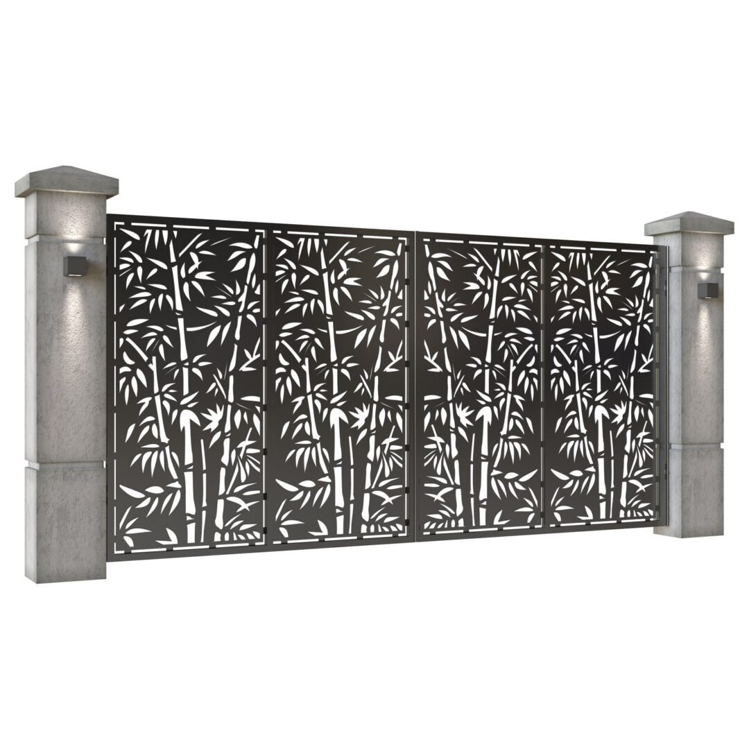 Poarta auto mare batanta din tabla decupata (traforata CNC) cu plasma, model Bamboo, SM BMB05, 3884 x 1940 mm, Negru - imagine 2