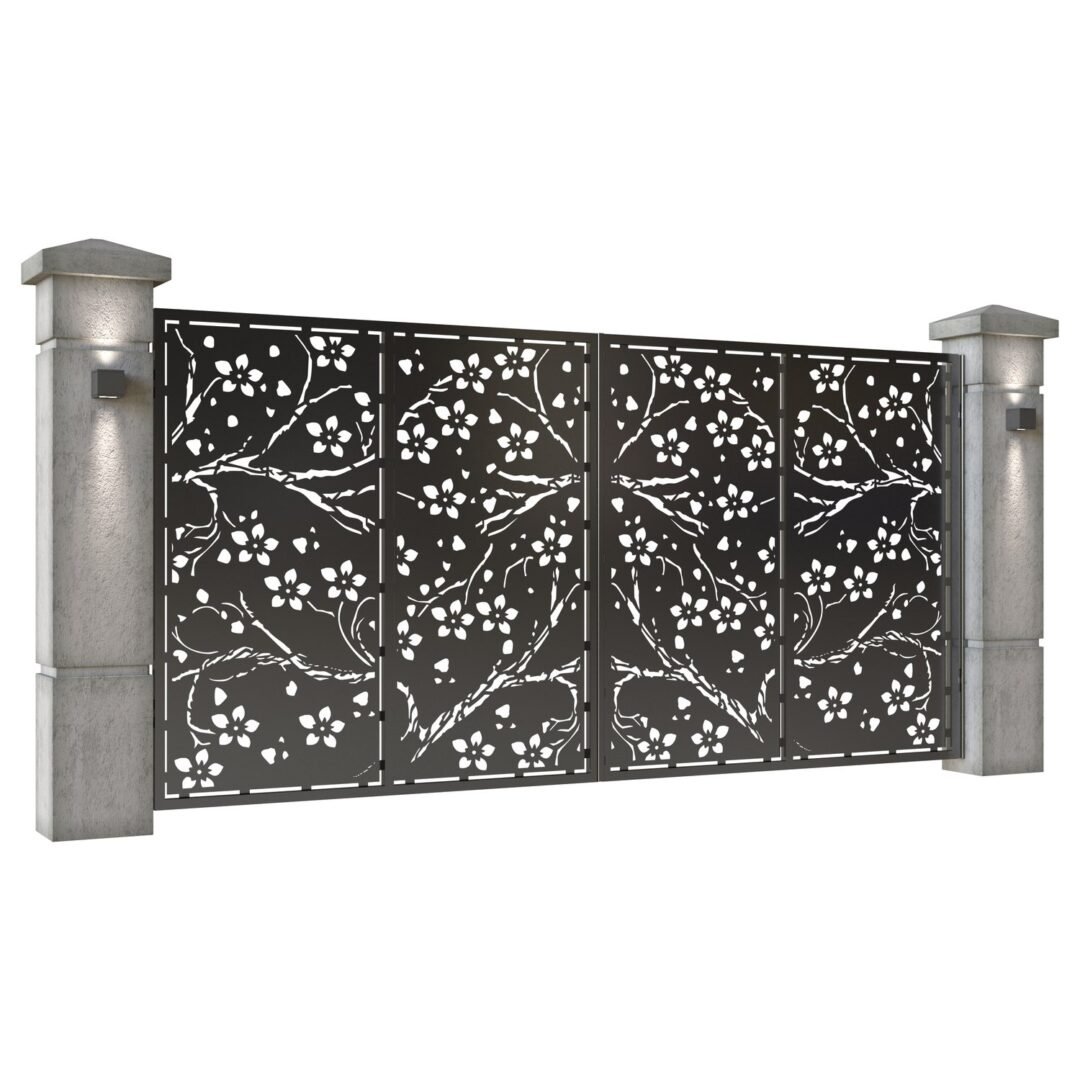 Poarta auto mare batanta din tabla decupata (traforata CNC) cu plasma, model Cherry, SM CHR05, 3884 x 1940 mm, Negru - imagine 2