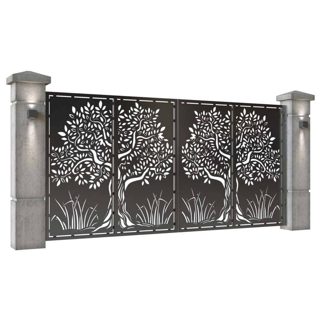 Poarta auto mare batanta din tabla decupata (traforata CNC) cu plasma, model Copac, SM COP05, 3884 x 1940 mm, Negru - imagine 2