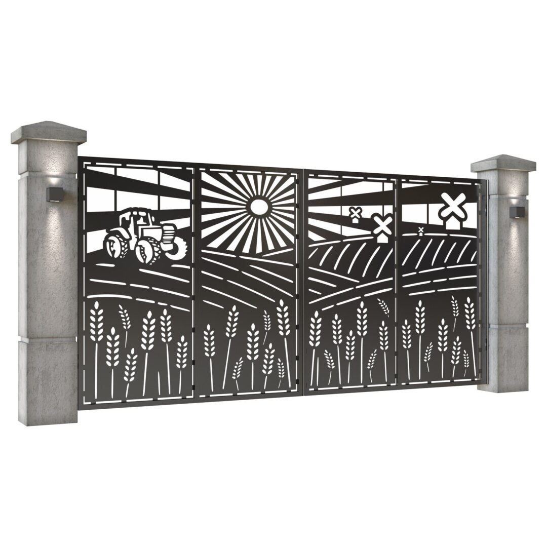 Poarta auto mare batanta din tabla decupata (traforata CNC) cu plasma, model Ferma, SM FRM05, 3884 x 1940 mm, Negru - imagine 2
