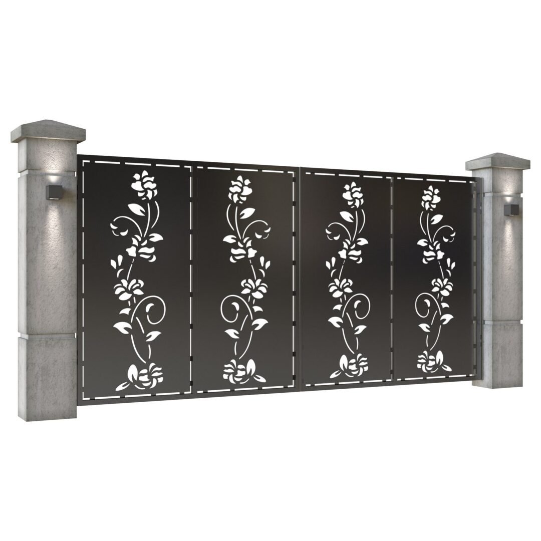 Poarta auto mare batanta din tabla decupata (traforata CNC) cu plasma, model Flora, SM FLR05, 3884 x 1940 mm, Negru - imagine 2
