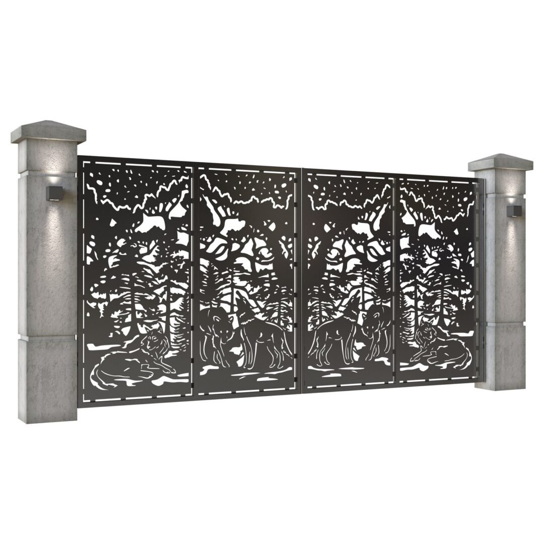 Poarta auto mare batanta din tabla decupata (traforata CNC) cu plasma, model Lupi, SM LUP05, 3884 x 1940 mm, Negru - imagine 2