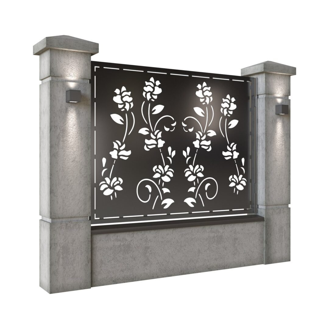 Panou de gard mare din tabla decupata (traforata) CNC cu plasma, model Flora, SM FLR03, 1940 x 1500 mm, Negru - imagine 2