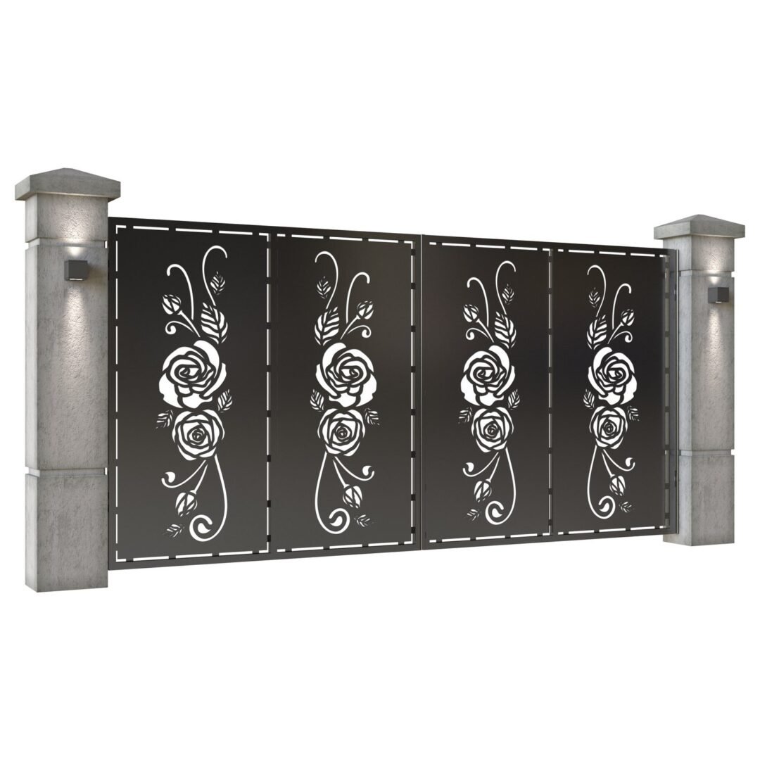 Poarta auto mare batanta din tabla decupata (traforata CNC) cu plasma, model Rosa, SM ROS05, 3884 x 1940 mm, Negru - imagine 2