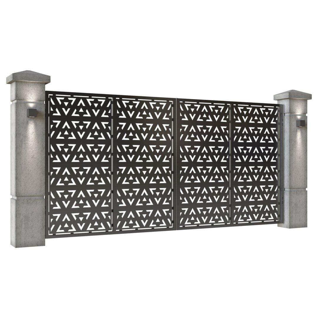 Poarta auto mare batanta din tabla decupata (traforata CNC) cu plasma, model Trio, SM TRIO05, 3884 x 1940 mm, Negru - imagine 2
