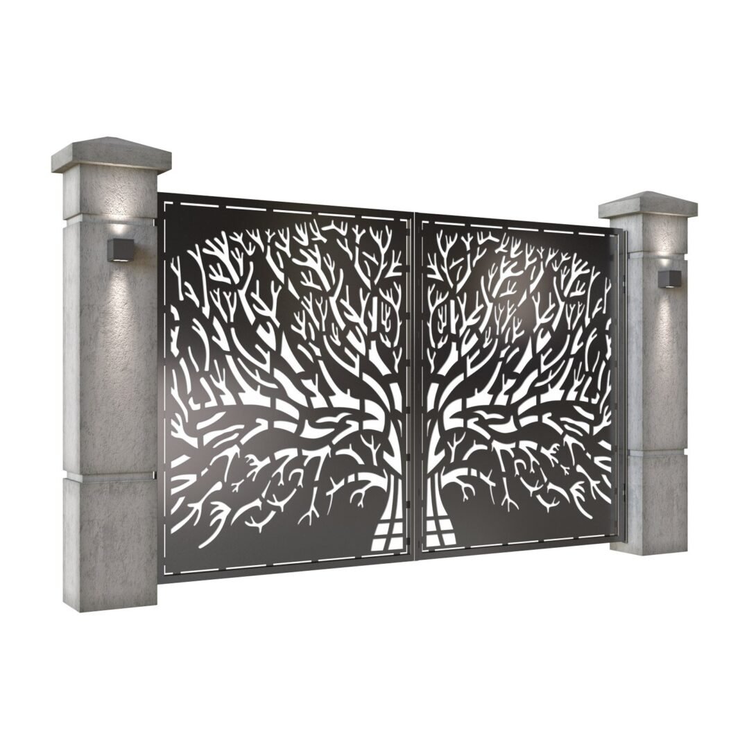 Poarta auto mica batanta din tabla decupata (traforata CNC) cu plasma, model Arbore, SM ARB04, 3000 x 1940 mm, Negru - imagine 2