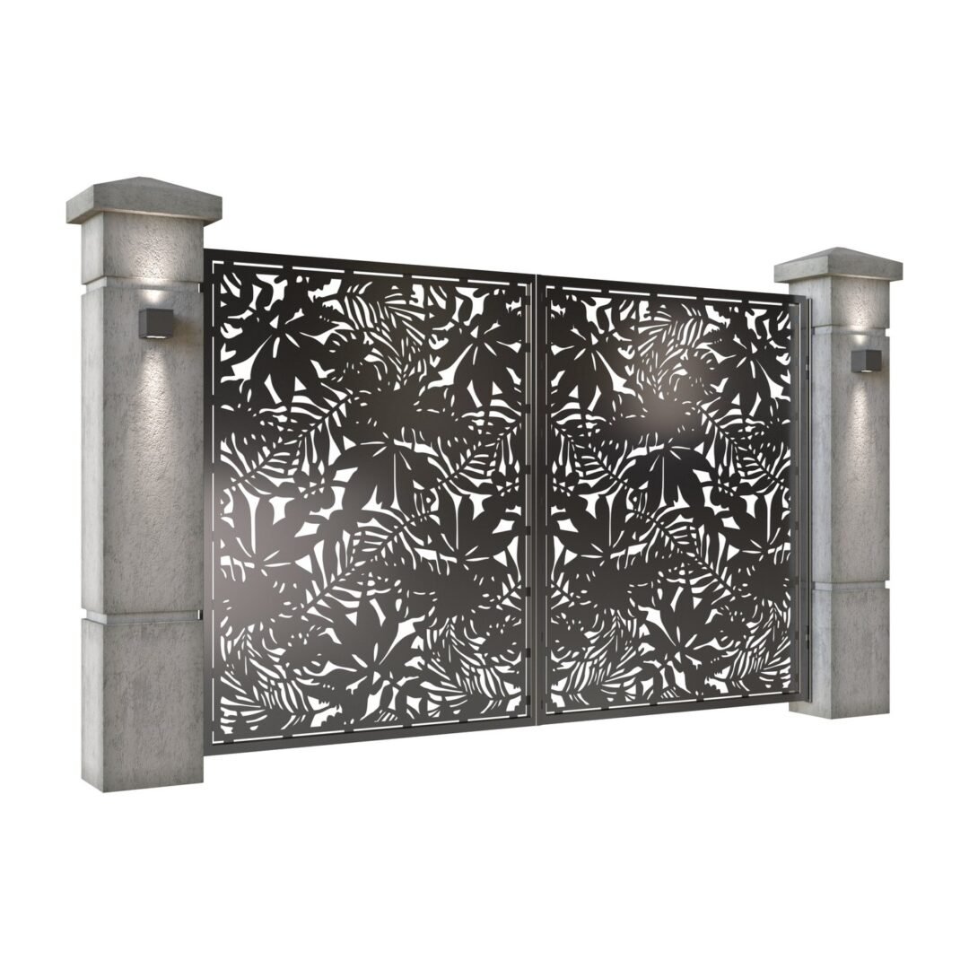 Poarta auto mica batanta din tabla decupata (traforata CNC) cu plasma, model Tropical, SM TRP04, 3000 x 1940 mm, Negru - imagine 2