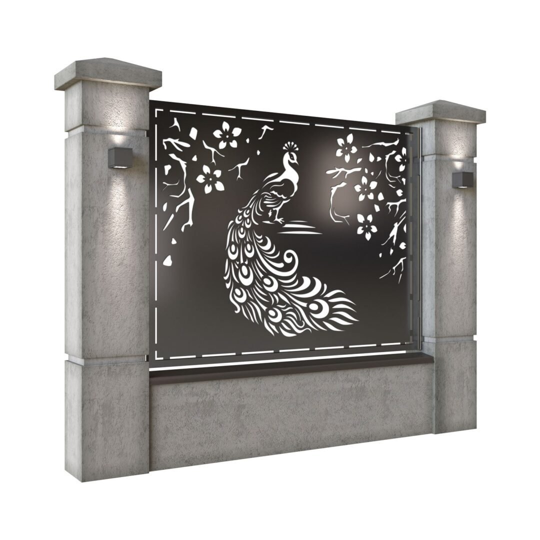 Panou de gard mare din tabla decupata (traforata) CNC cu plasma, model Pauni, SM PUN03, 1940 x 1500 mm, Negru - imagine 2