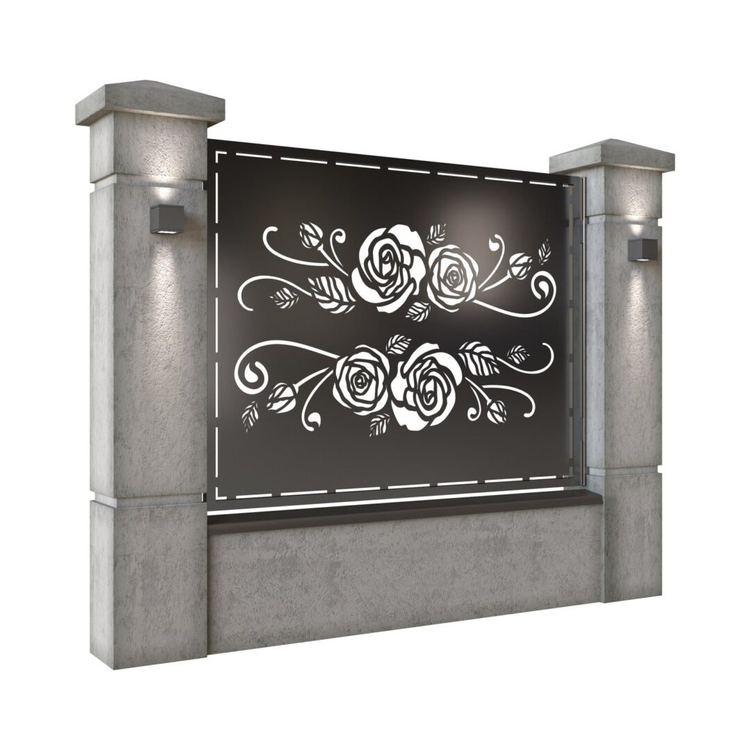 Panou de gard mare din tabla decupata (traforata) CNC cu plasma, model Rosa, SM ROS03, 1940 x 1500 mm, Negru - imagine 2